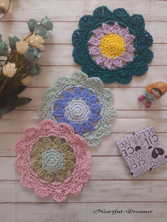 ハンドメイド 花飾り コースターセット お花モチーフコースター 3枚セット その他インテリア雑貨 heartful