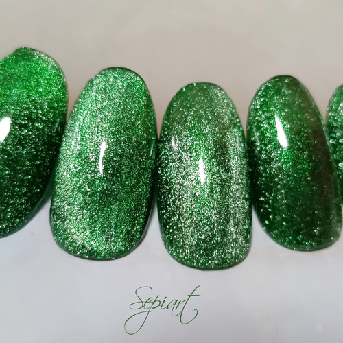 ジェルネイルチップ☆付け爪☆グリーンマグネットネイル☆シンプル