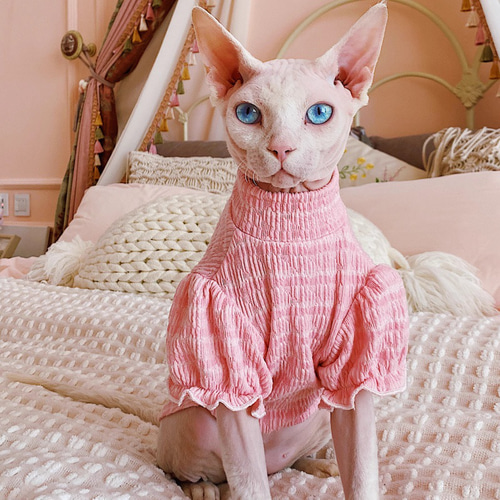 ハンドメイド犬服　パステルカラーのパフスリーブワンピ　色違い３色　接結ニット 猫服 犬服 ペット服 ネコ 桜色猫パフスリーブ姫ベスト プリンセス