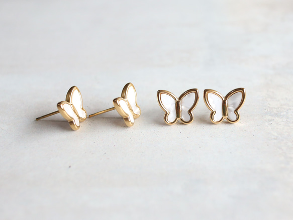 ☆人気☆白蝶貝の蝶々 つけっぱなしOK 錆びないサージカルステンレス【ホワイトシェル 蝶 gold】ピアス 4枚目の画像