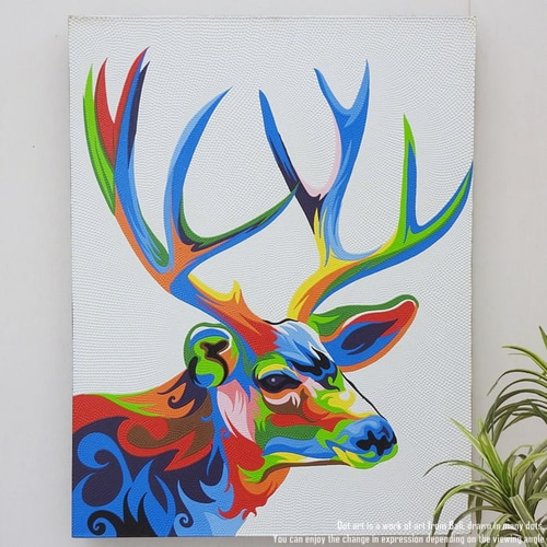 絵 アート プリントTiki ティキ 赤 モダン ドットアート 70cm × 90cm 鹿 ドットペインティング モダン