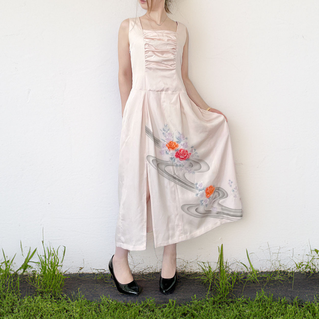 ロングドレス バストドレープ【着物リメイク】ピンク * 薔薇/ ノースリーブ / 一点物 *理由あり特価