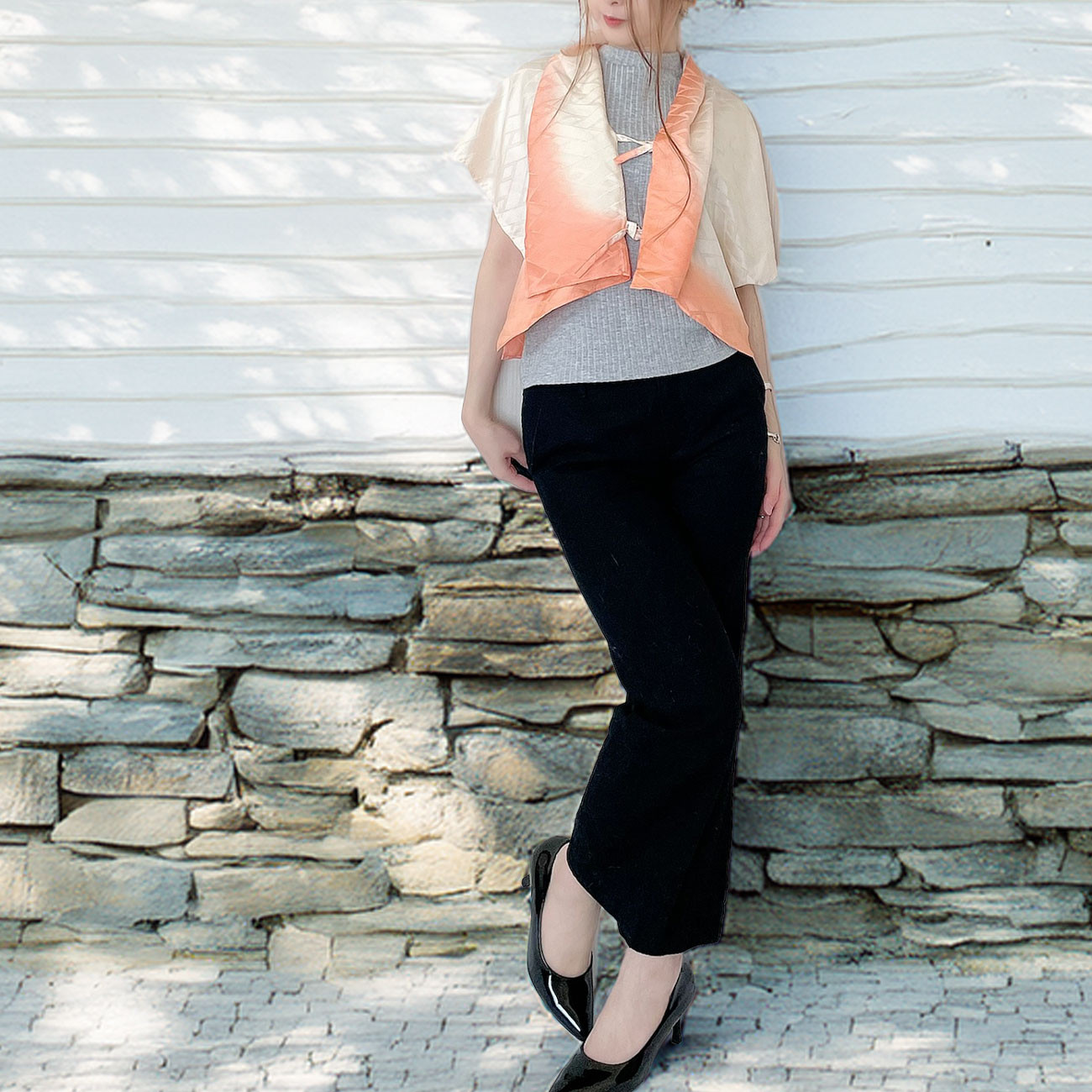 シルク ショール カーディガン【着物リメイク】サーモンピンクグラデーション フリーサイズ / 一点物