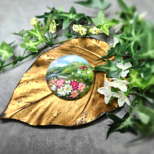 ☆SOLD☆「コスモスの咲く優しい風景」羊毛フェルト風景画ブローチ