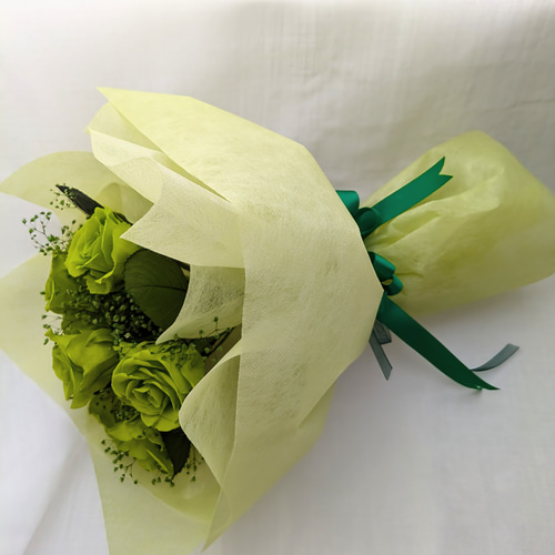 プリザーブドフラワー緑の薔薇9輪とかすみ草の花束 プリザーブド