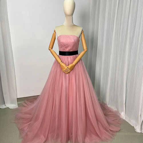 送料無料！カラードレス スレンダーライン ピンク ベアトップ サッシュ