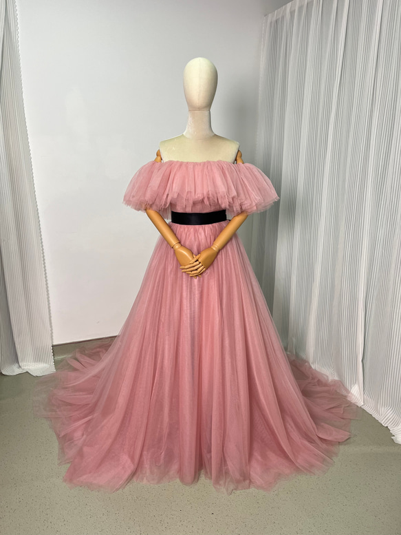 カラードレス　チュールドレス　ピンク 豪華！ カラードレス チェリーピンク 光沢サテン ソフトチュール