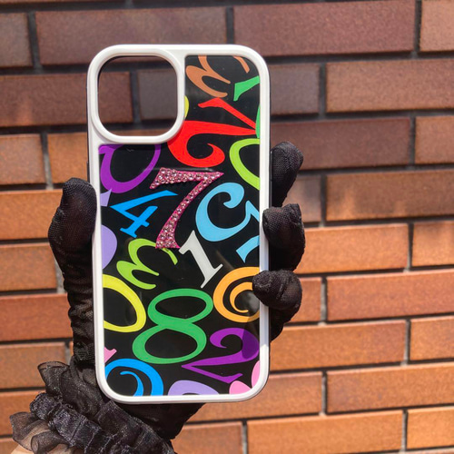 スワロフスキー使用　iPhone強化ガラスケース　数字　メンズ　モード　ブラック スワロフスキー使用iPhone強化ガラスケース数字メンズモードブラック