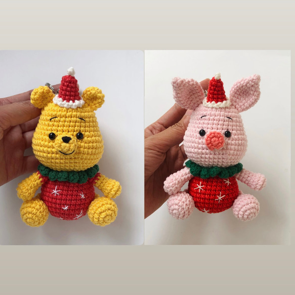 d*7様 ショートケーキさんの編みぐるみキーホルダー〇 クリスマスコスプレの豚さんとくまさん 編みぐるみ キーホルダー