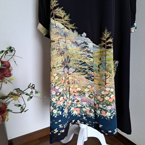 ☆ 着物リメイク/黒留袖/ラグランスリーブ/ハイネックワンピ―ス/一点物