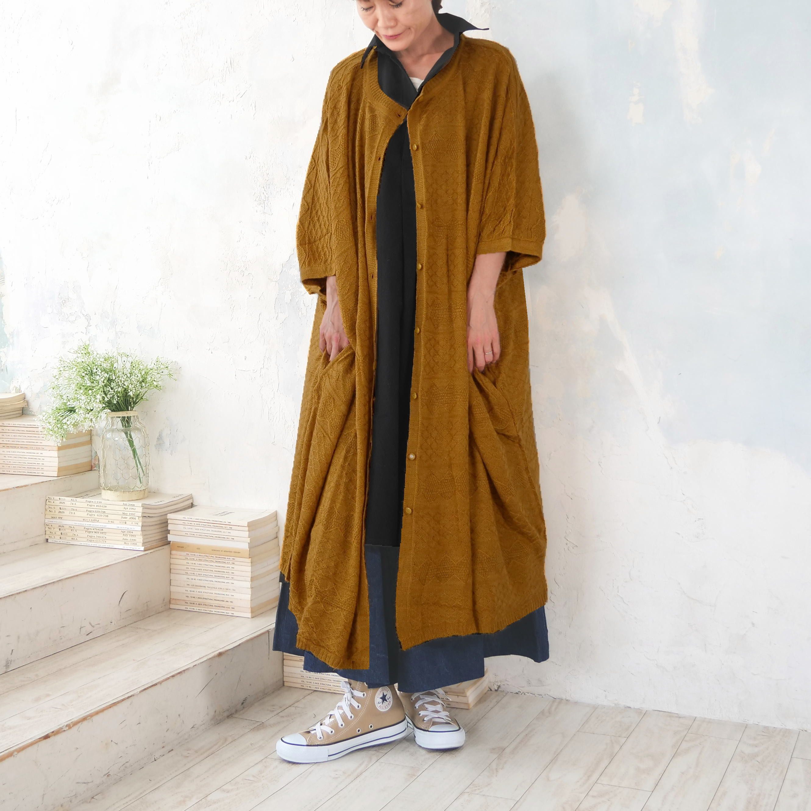 立体感のあるダイヤ模様編みが魅力＊柔らかな着心地＊八分袖＊ビッグシルエット＊ロング丈＊カーディガン＊マスタード 6,466円