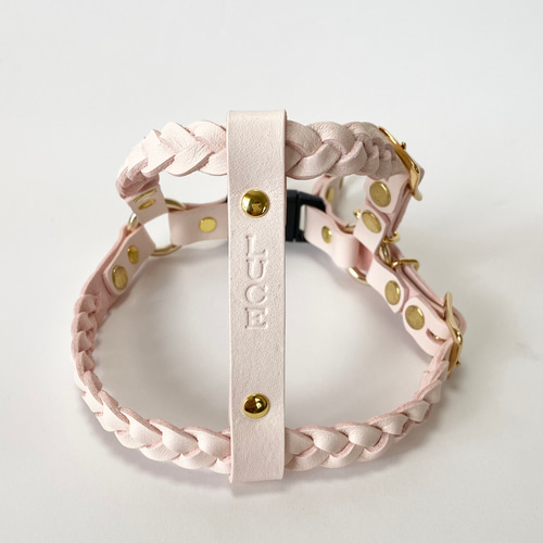 ペールピンク革三つ編みハーネスセット（小型犬用） リード・首輪