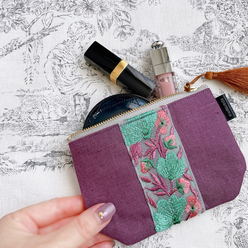 リネンとインド刺繍レースのフラットポーチ mini -プロヴァンス