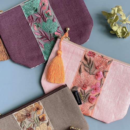 リネンとインド刺繍レースのフラットポーチ mini -プロヴァンス