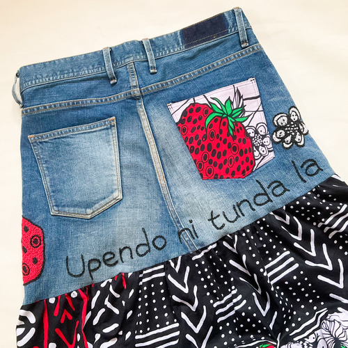 愛は心の果実】 デニム リメイク アフリカンプリント 刺繍 スカート