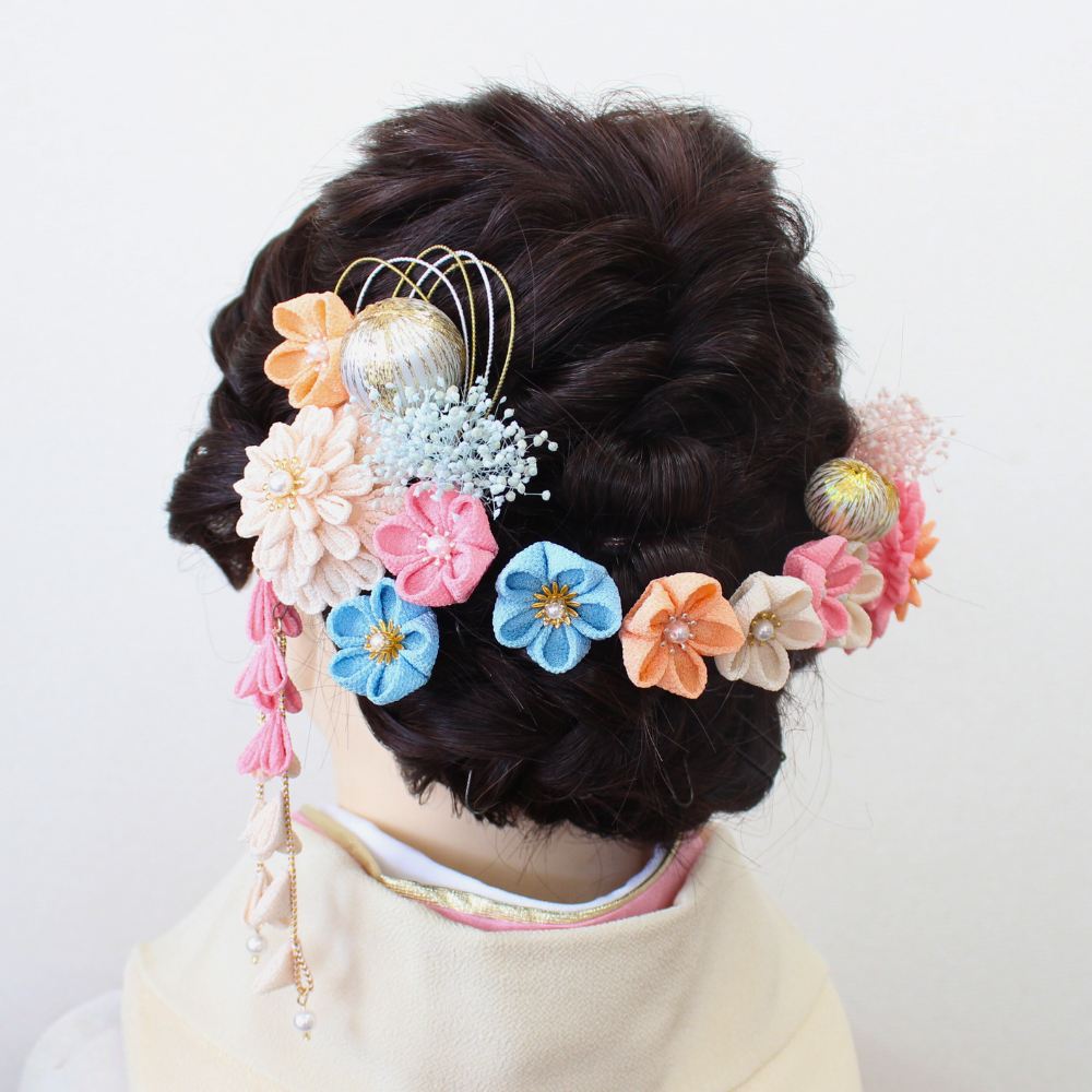 【FC-2401】 髪飾り 成人式 卒業式 七五三 ピンク 乳白色 水色 和装 つまみ細工 浴衣 かすみ草 玉かんざし