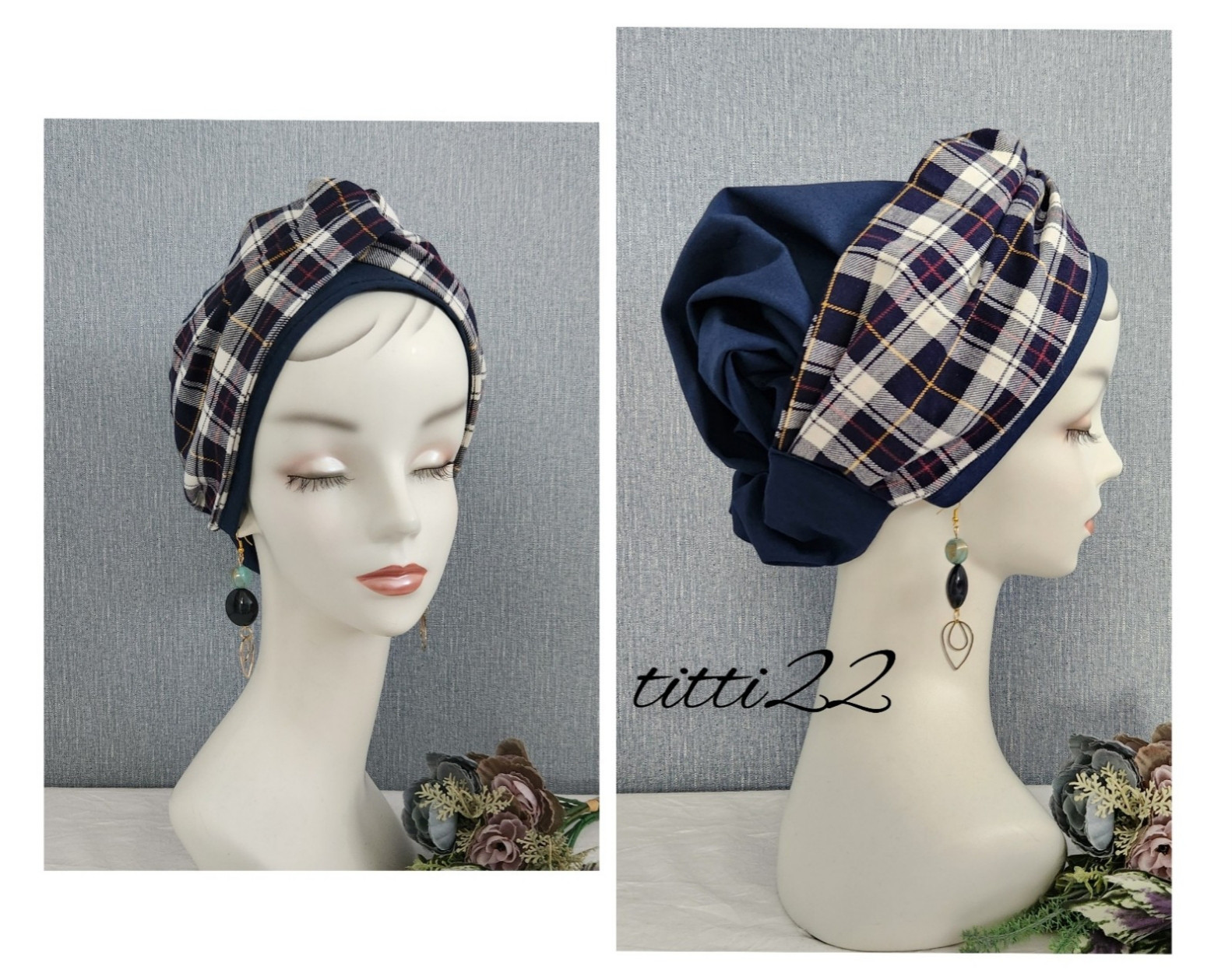 new 【タータンチェック　ネイビー】帽子にもなるヘアターバン