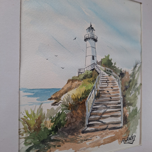 Tino Stefanoni 灯台の風景 絵画 灯台の風景画オリジナルの水彩画の海の風景のインテリアウォール