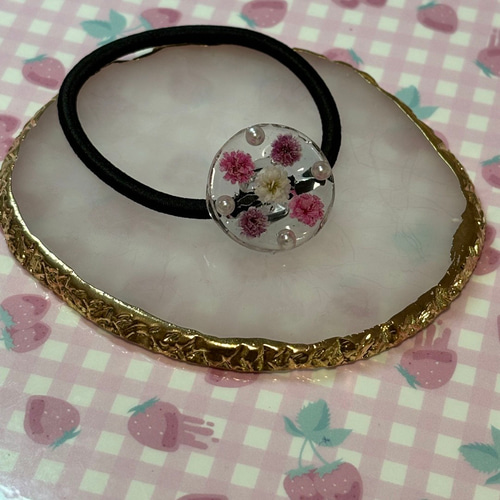 No.37 ハンドメイド ヘアゴム ヘアアレンジ レジン 押し花 パール 紫 