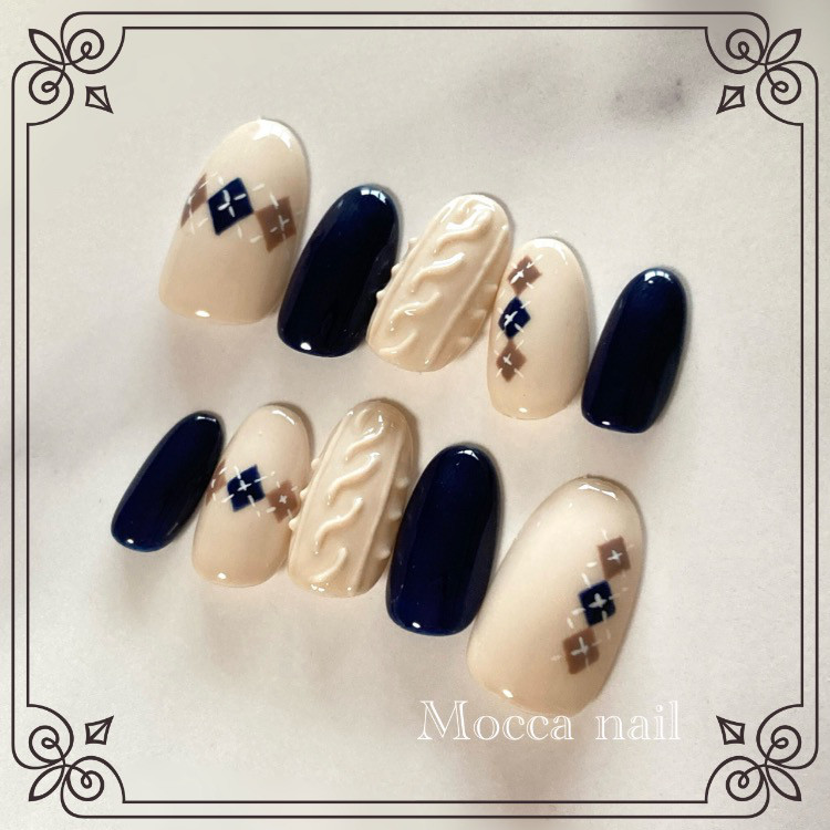 328】アーガイルニットネイル×ネイビー ネイルチップ ニットネイル/冬  