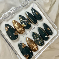 ネイルチップ 緑 ゴールド 成人式 振袖 和柄 袴 着物 和風 ネイル