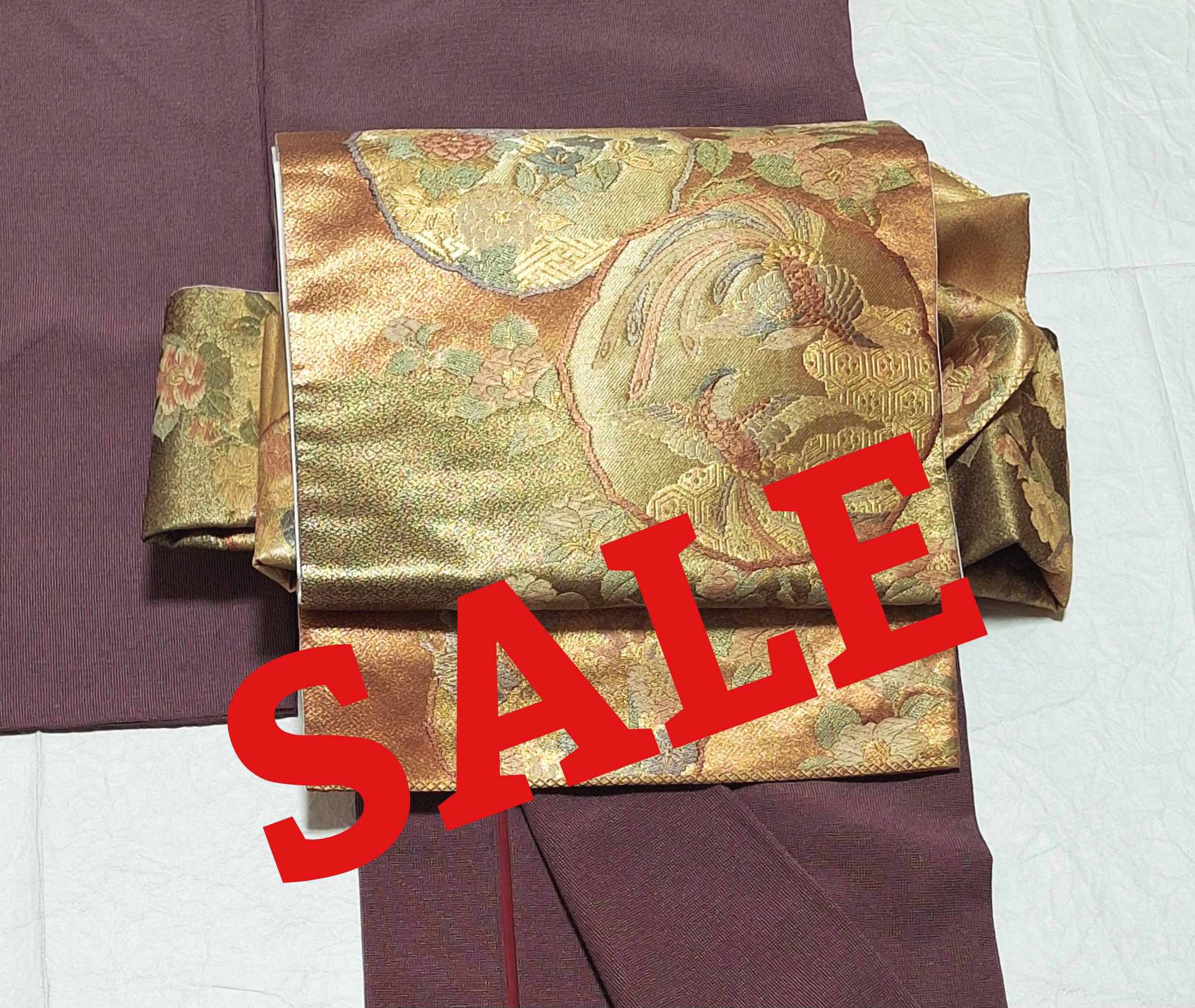 3,000円引き！ワンタッチ帯　くらわん帯　正絹袋帯リメイク　鳳凰蝶椿菊桔梗丸文様　作り帯　簡単帯