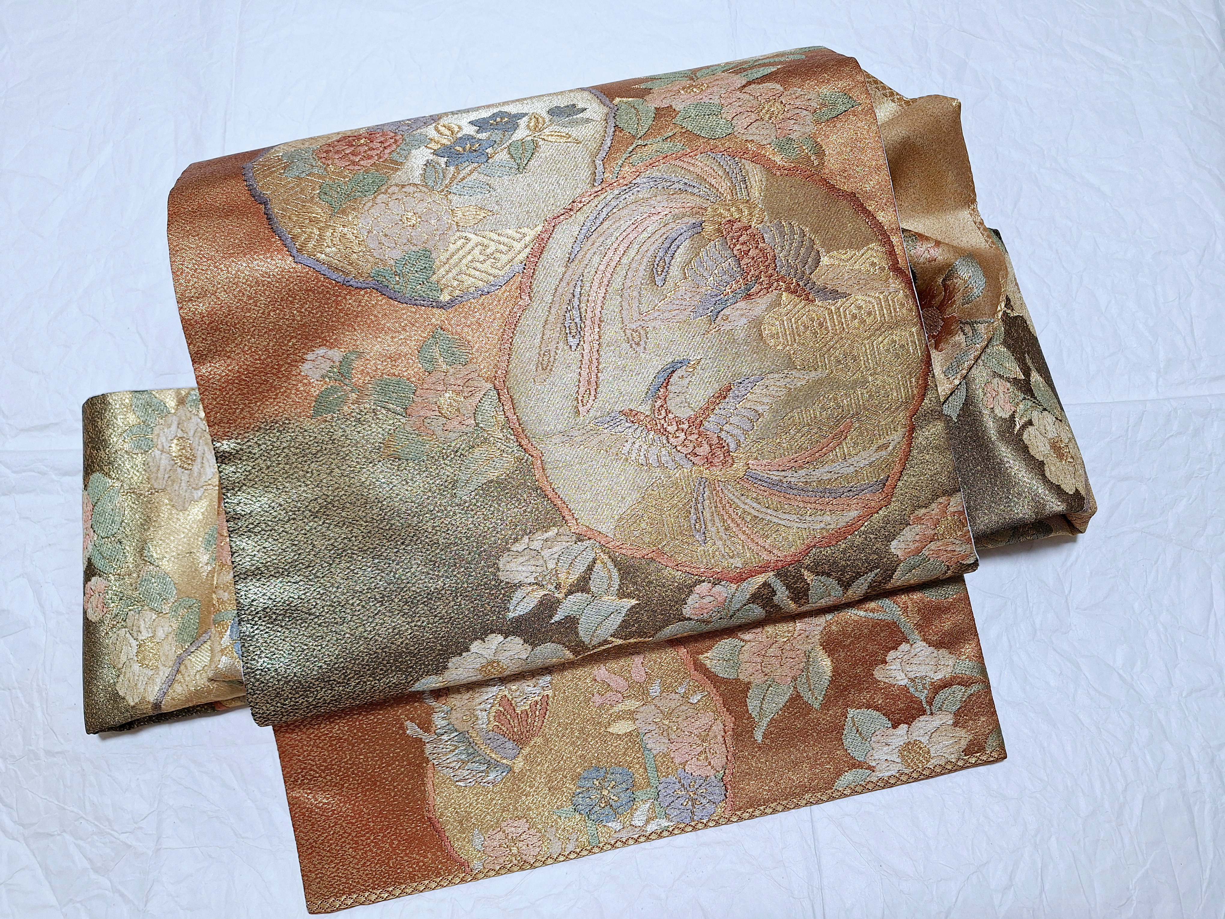 楽天市場】アンティーク 名古屋帯 檜扇に百花模様 刺繍 繻子