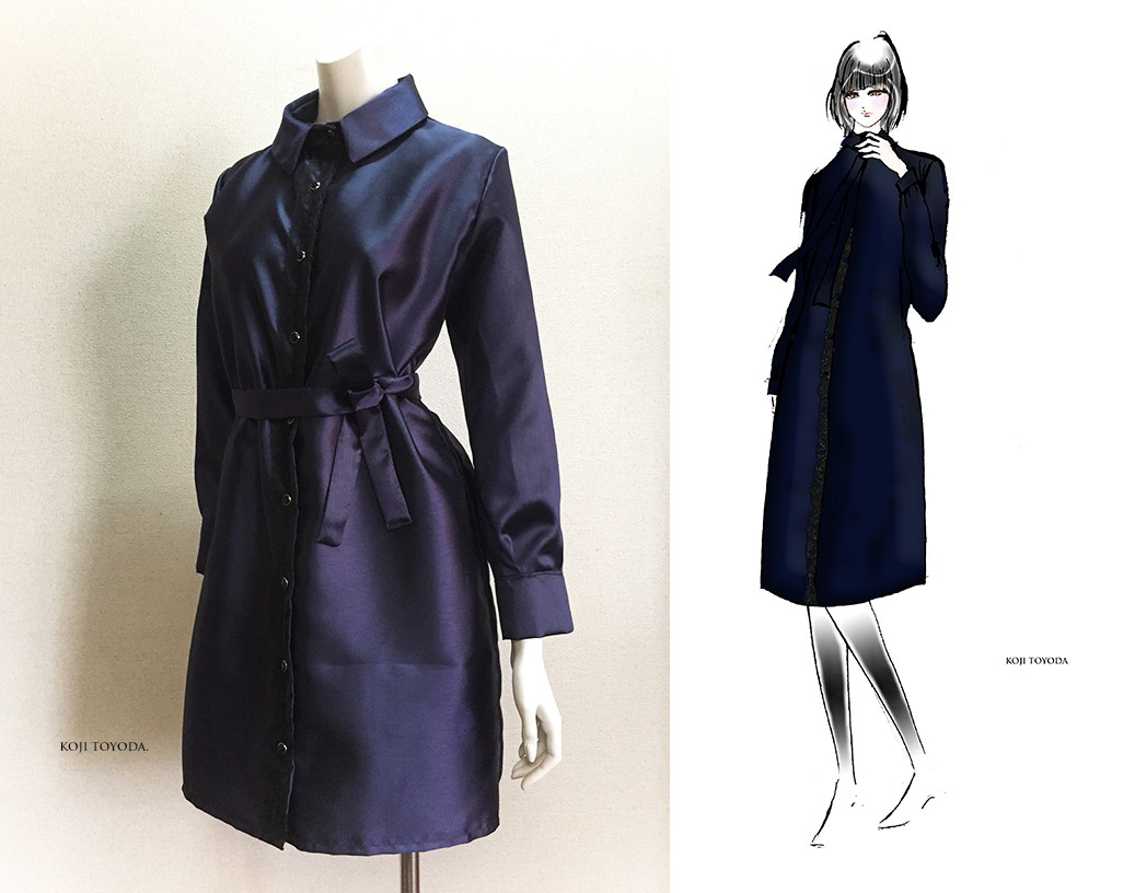 【1点もの・デザイン画付き】ネイビーシャンタン風光沢シャツ型ワンピース（KOJI TOYODA）