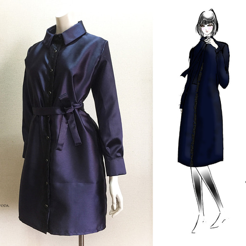 1点もの・デザイン画付き】ネイビーシャンタン風光沢シャツ型  