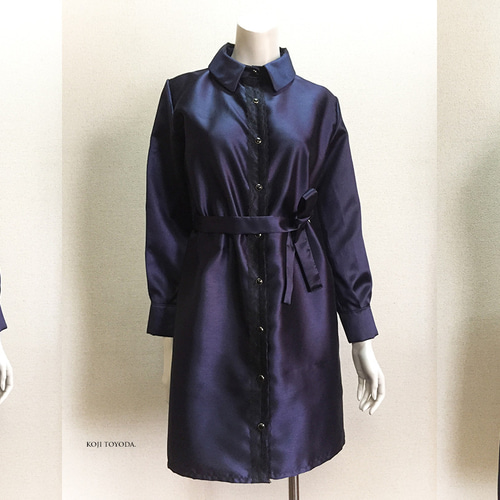 1点もの・デザイン画付き】ネイビーシャンタン風光沢シャツ型  