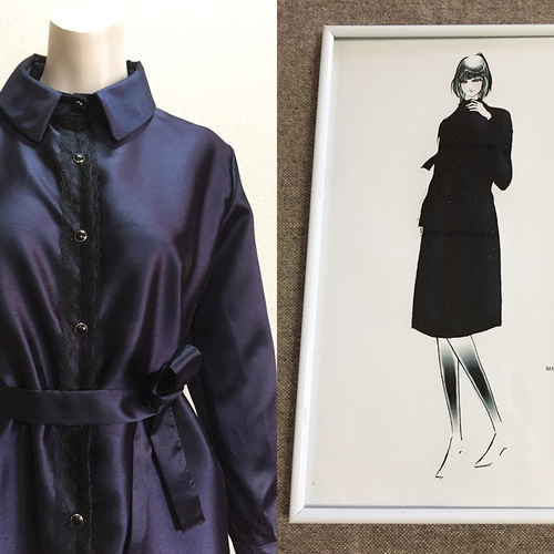 1点もの・デザイン画付き】ネイビーシャンタン風光沢シャツ型  