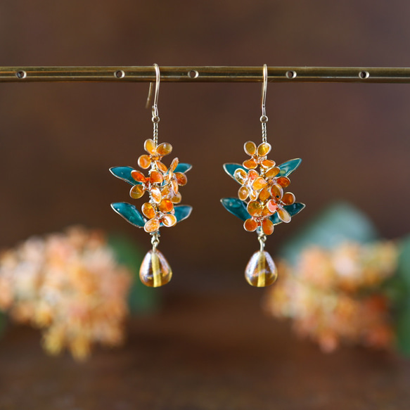 【Creema限定　秋の福袋】金木犀と葉っぱのピアス／イヤリング＆ネックレスのセット 2枚目の画像