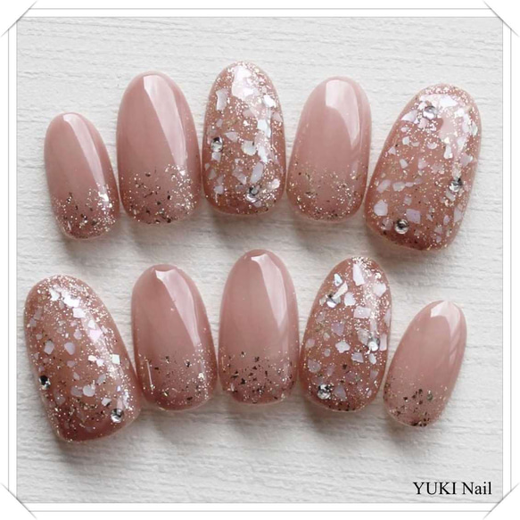 豪華ラッピング無料 シアーブラウン×シェルネイル ネイルチップ（つけ爪） yuki-nail ネイルチップ・付け爪