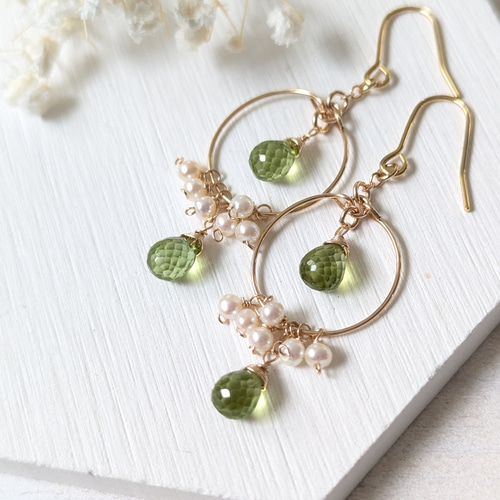 14kgf 雫ペリドットフープピアス☆淡水パール ピアス（フック 