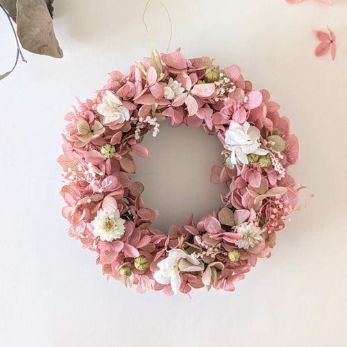優しげくすみピンクのミニリース 秋冬 プリザーブドフラワー紫陽花