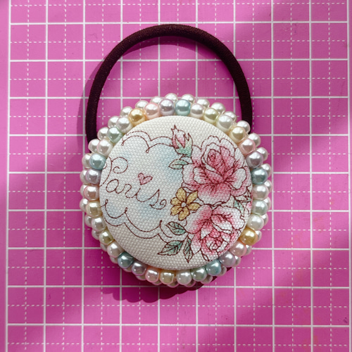 キラキラくるみボタン カフェシリーズ ビーズ刺繍 ヘアゴム