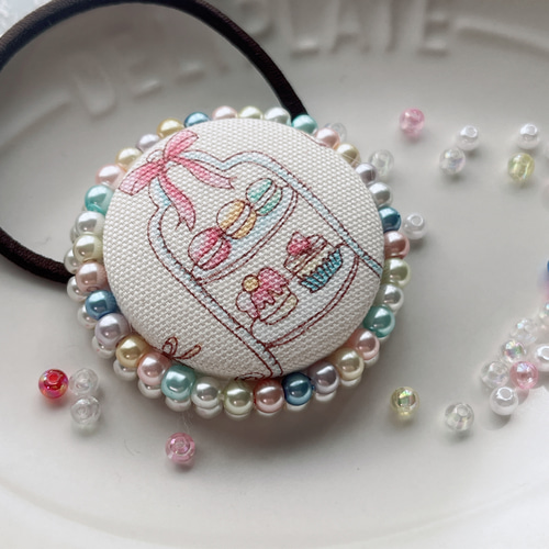 キラキラくるみボタン カフェシリーズ ビーズ刺繍 ヘアゴム キッズゴム