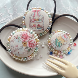 キラキラくるみボタン カフェシリーズ ビーズ刺繍 ヘアゴム