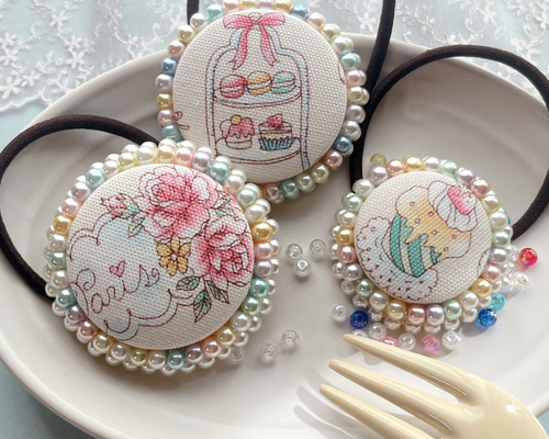 キラキラくるみボタン カフェシリーズ ビーズ刺繍 ヘアゴム