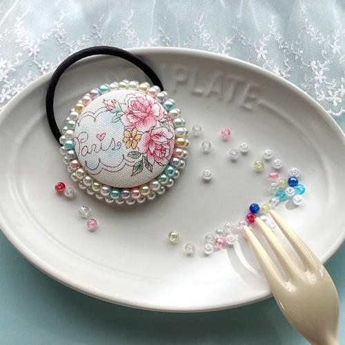 キラキラくるみボタン カフェシリーズ ビーズ刺繍 ヘアゴム