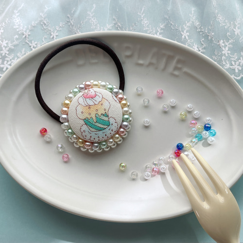 キラキラくるみボタン カフェシリーズ 27mm ビーズ刺繍 ヘアゴム