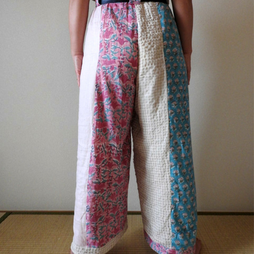 ブロックプリント パッチワーク ワイドパンツ (blockprint ピンク 水色