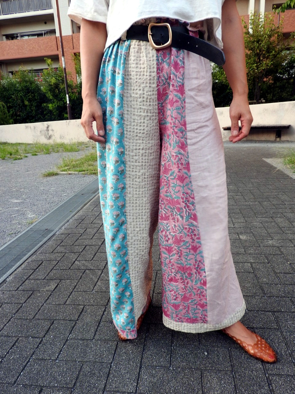 ブロックプリント パッチワーク ワイドパンツ (blockprint ピンク 水色 花柄　インド綿）受注生産