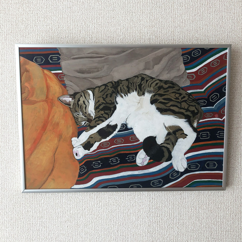 猫イラスト「寝っころがるグリコ」原画 イラスト 安部円子 通販