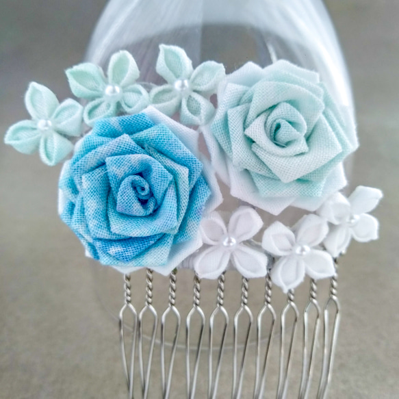 中華のおせち贈り物 着物 コーム かんざし 青いバラの髪飾り 浴衣 結婚式 ドレス ヘアアクセサリー