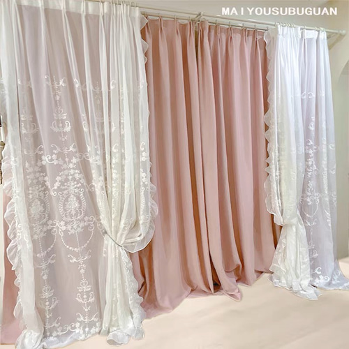 のれん 区切り カフェカーテン レースカーテン フリル付き おしゃれ