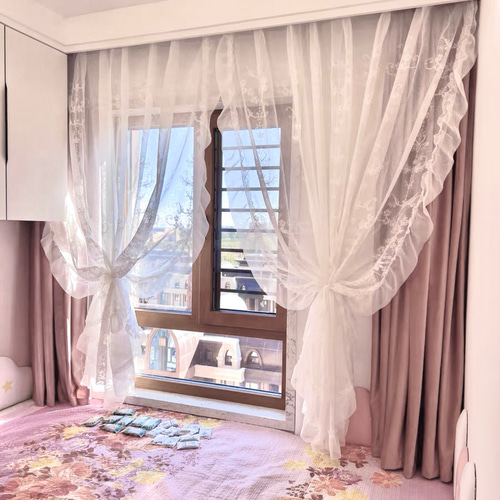 のれん 区切り カフェカーテン レースカーテン フリル付き おしゃれ