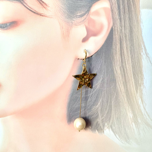 ロングピアス 星 コットンパール ゴールド ゆらゆら イヤリング 