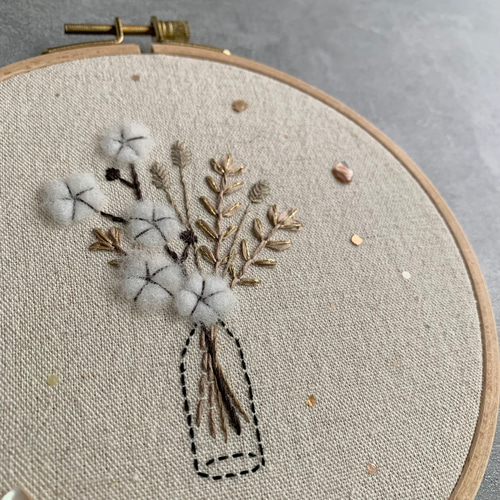 受注制作】｢花瓶とコットンと｣ 手刺繍ファブリックパネル フレーム