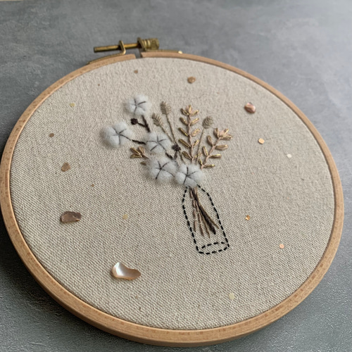 受注制作】｢花瓶とコットンと｣ 手刺繍ファブリックパネル フレーム